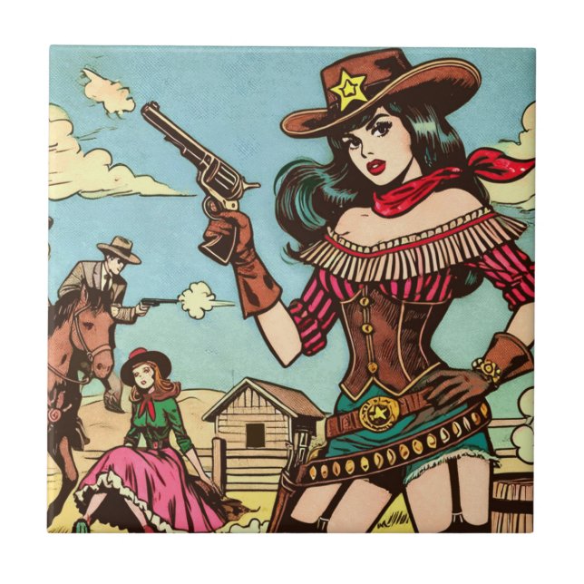 Vintage Cute Cowgirl Comics Ceramic Tile (Front)