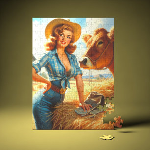 Vintage Cute Cowgirl Pin-up Jigsaw Puzzle