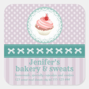 Vintage cute cupcakes bakery polka dots stripes square sticker