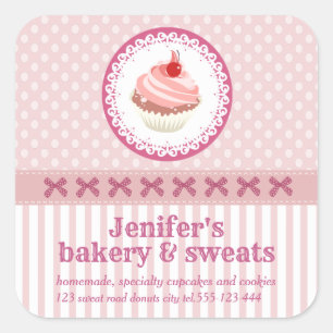 Vintage cute cupcakes bakery polka dots stripes square sticker