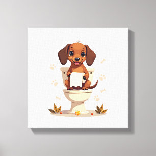 Vintage Cute Dachshund on Toilet Cartoon Bathroom Canvas Print