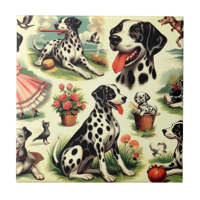 Vintage Cute Dalmatian Seamless Ceramic Tile (Front)