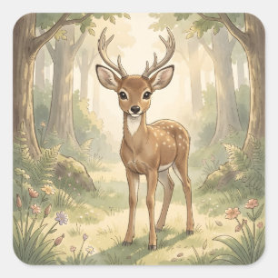Vintage cute deer in the forest square sticker