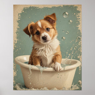 Vintage cute dog bath poster