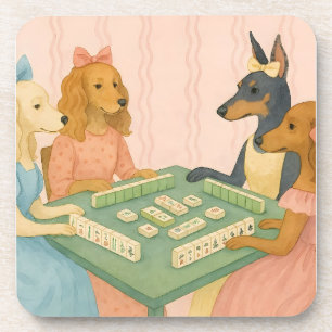 Vintage Cute Dogs Playing Mahjong Coaster