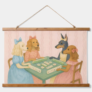 Vintage Cute Dogs Playing Mahjong Hanging Tapestry