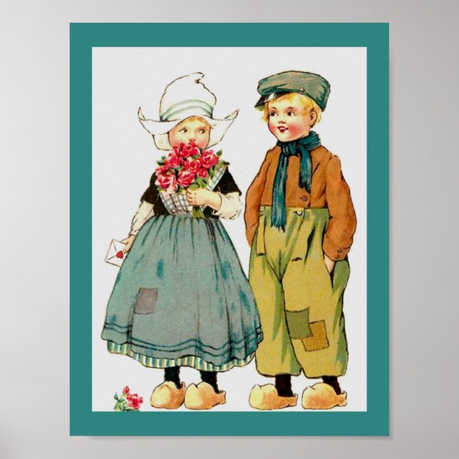 Vintage Cute Dutch Boy & Girl w/ Roses & Love Note Poster (Front)