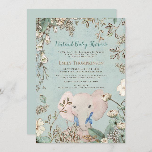 Vintage Cute Elephant Green Virtual Baby Shower Invitation (Front/Back)