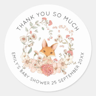 Vintage Cute Fox Floral Thank You Baby Shower Classic Round Sticker