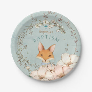 Vintage Cute Fox Florals Boy Green Baptism Paper Plate