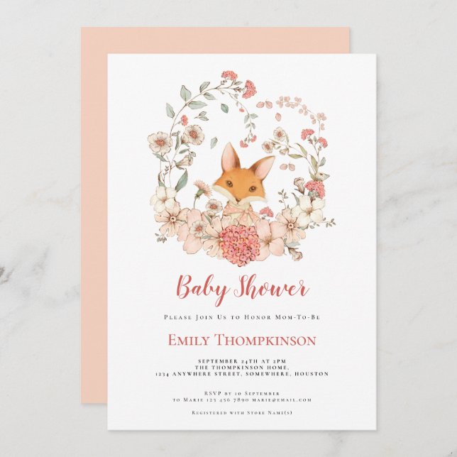 Vintage Cute Fox Foliage Peach Baby Shower Invitation (Front/Back)