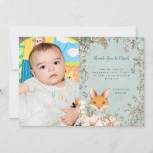 Vintage Cute Fox Photo First Birthday Thank You Card
