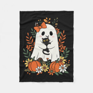 Vintage Cute Ghost With Black Cat And Pumpkins Fleece Blanket