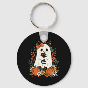 Vintage Cute Ghost With Black Cat And Pumpkins Key Ring