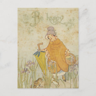 Vintage Cute Girl Children Stories Frog Pond Iris Postcard