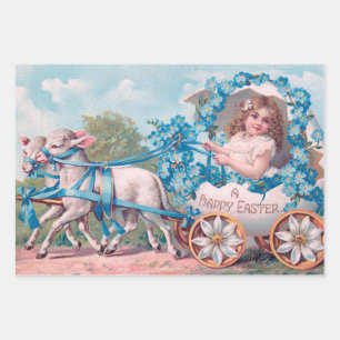 Vintage Cute Girl in Easter Egg Carriage by Lambs Wrapping Paper Sheet