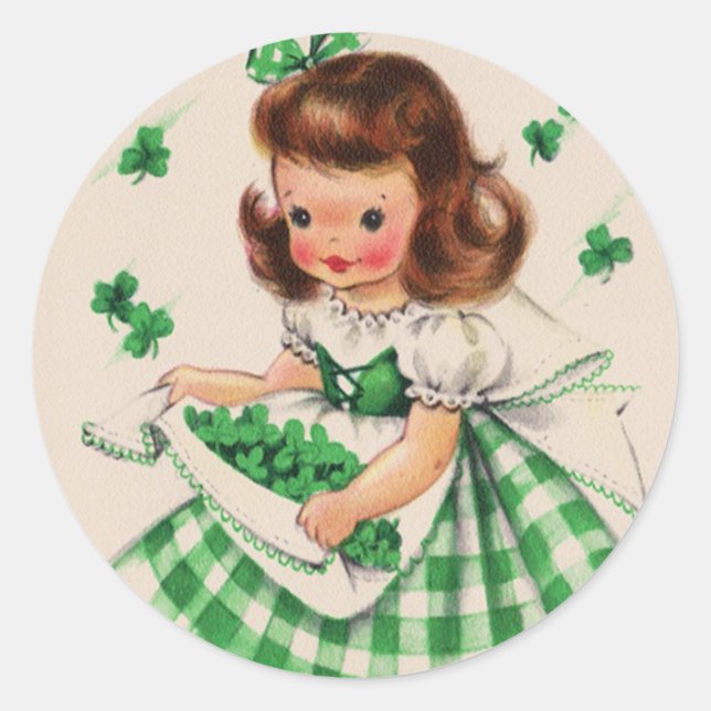 Vintage Cute Girl Shamrock St Patrick's Day Card Classic Round Sticker (Front)