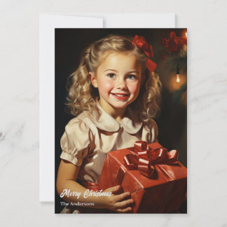 Vintage cute girl with Christmas present Holiday Card