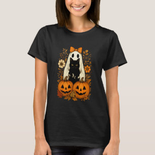 Vintage Cute Halloween Ghost Holding Black Cat Aut T-Shirt