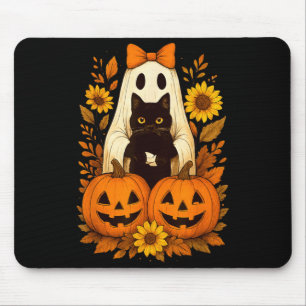 Vintage Cute Halloween Ghost Holding Black Cat Mouse Pad
