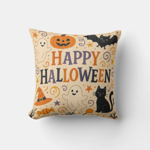 Vintage, cute happy halloween bat, ghost, pumpkin cushion