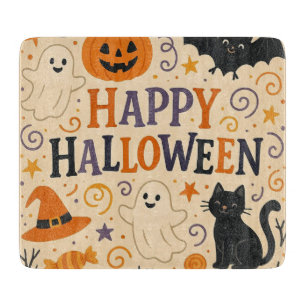 Vintage, cute happy halloween bat, ghost, pumpkin cutting board