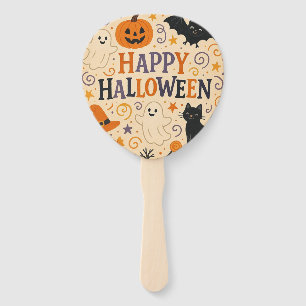 Vintage, cute happy halloween bat, ghost, pumpkin hand fan