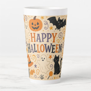 Vintage, cute happy halloween bat, ghost, pumpkin latte mug
