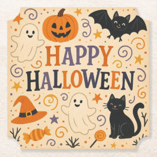 Vintage, cute happy halloween bat, ghost, pumpkin paper coaster