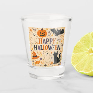 Vintage, cute happy halloween bat, ghost, pumpkin shot glass
