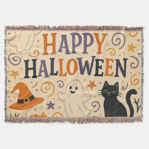 Vintage, cute happy halloween bat, ghost, pumpkin throw blanket