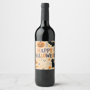 Vintage, cute happy halloween bat, ghost, pumpkin wine label