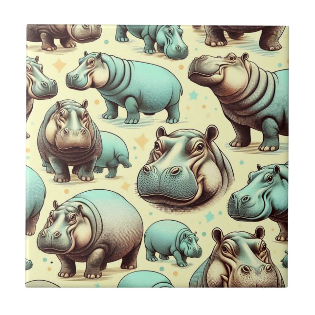Vintage Cute Hipoppotamus Pattern Ceramic Tile (Front)