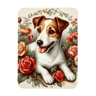 Vintage Cute Jack Russell Terrier Floral Magnet