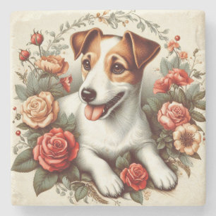 Vintage Cute Jack Russell Terrier Floral Stone Coaster