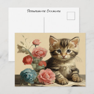 Vintage Cute Kitten Portrait Soft Colour Flowers Postcard