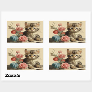 Vintage Cute Kitten Portrait Soft Colour Flowers Rectangular Sticker