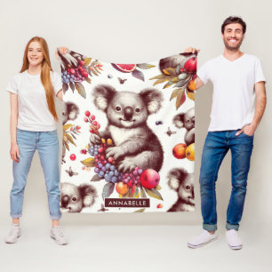 Vintage Cute Koala Painting Seamless Fleece Blanket