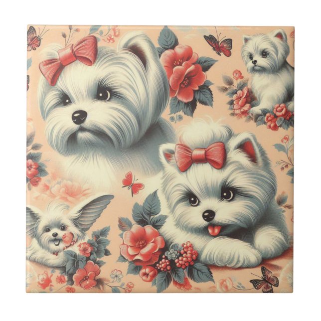 Vintage Cute Maltese Dog Ceramic Tile (Front)