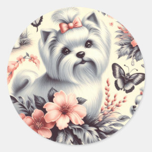 Vintage Cute Maltese Illustration Classic Round Sticker