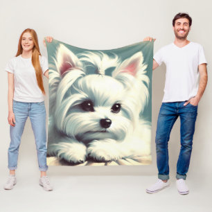 Vintage Cute Maltese Painting Fleece Blanket