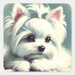 Vintage Cute Maltese Painting Square Sticker