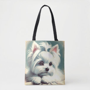Vintage Cute Maltese Painting Tote Bag