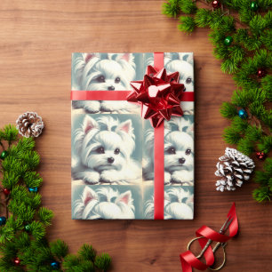 Vintage Cute Maltese Painting Wrapping Paper