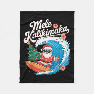 Vintage Cute Mele Kalikimaka Christmas Santa Surfi Fleece Blanket
