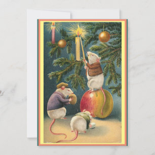 Vintage Cute Mice lighting candles Christmas tree Holiday Card