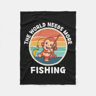 Vintage Cute Monkey The World Needs More Fishing L Fleece Blanket