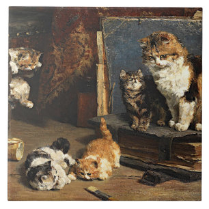 Vintage Cute Orange Black & White Cat With Kittens Ceramic Tile