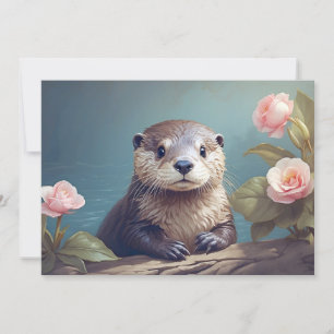 Vintage Cute Otter Cub Rose Portrait Timeless Art Holiday Card