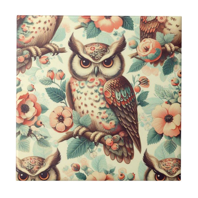 Vintage Cute Owl Pattern Ceramic Tile (Front)